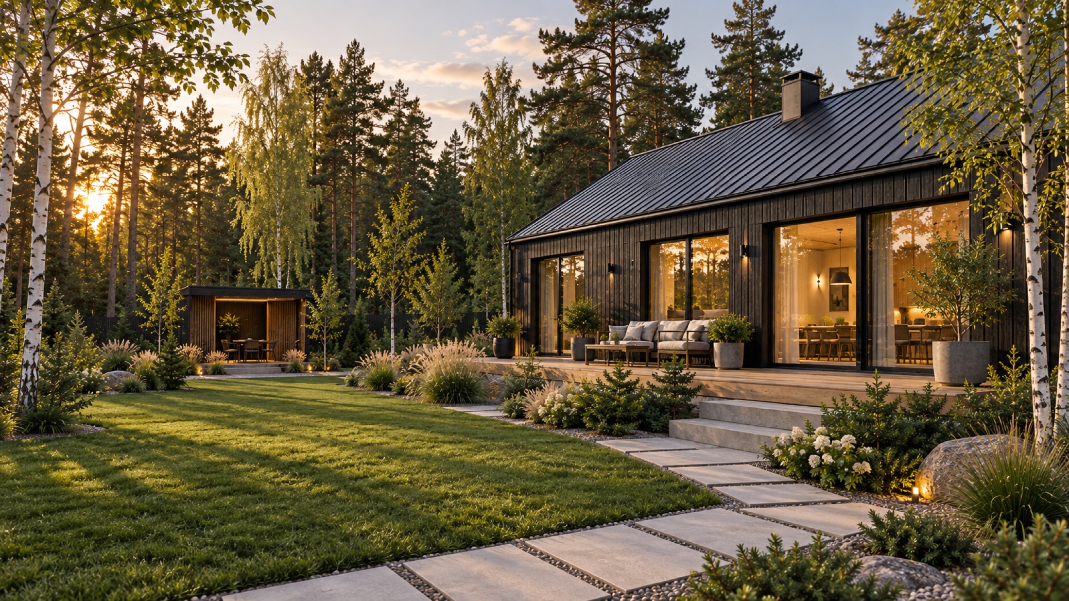 Будущий участок с современным домом в вечернем освещении
